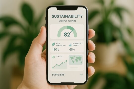 Detailed Sustainability Metrics on Mobile Device Displaying Supply Chain Performance and Environmental Impact