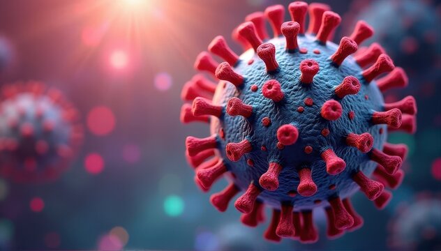 Close-up 3D rendering of a SARS-CoV-2 coronavirus particle with red spike proteins against a blurred bokeh background.