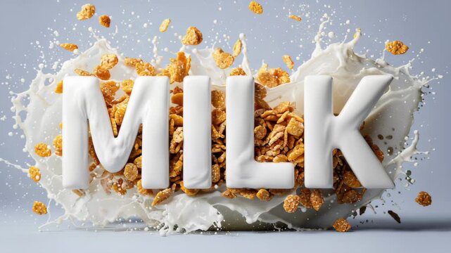 Dynamic splash of milk and cereal with bold letters spelling 'MILK', showcasing vibrant textures and motion, camera captures the action with a smooth zoom in for dramatic effect