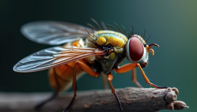 Extreme macro of a colorful fly with red compound eyes and translucent wings perched on a twig.