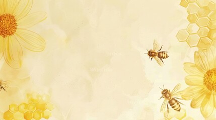 Minimal Cute Cartoon Honey Bee Background with Honeycomb and White Copy Space