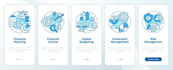 Asset management aspects blue onboarding mobile app screen. Walkthrough 5 steps editable graphic instructions with linear concepts. UI, UX, GUI. Montserrat SemiBold, Regular fonts used