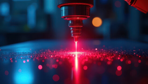 Red laser cutting a metal surface in a precision CNC setup, producing sparks and glowing bokeh lights in a high-tech industrial scene.