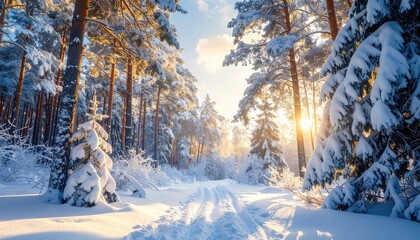 Winter forest path bathed in golden sunlight illuminating snow covered pine trees and falling snowflakes creating a serene and magical atmosphere during daytime
