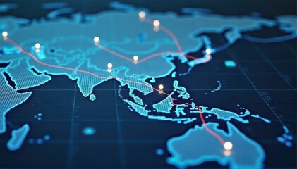 Fototapeta na wymiar Illuminated digital map of the Asia-Pacific region showing glowing routes and network nodes that visualize connectivity, data flows, and transport links.