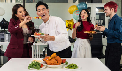 Successful business team, excited businessman feel happy work complete with champagne and pizza, celebration excellent financial results.