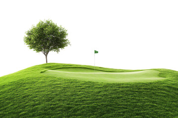 Green golf course with a single tree and flag isolated on transparent background. Golf course with a flag and a tree isolated on white background.