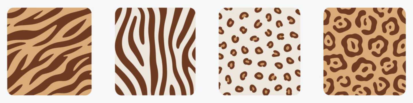 Four Distinct Animal Print Patterns in Rounded Rectangles tiger stripe zebra stripe