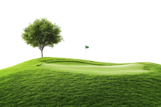 Green golf course with a single tree and flag isolated on transparent background. Golf course with a flag and a tree isolated on white background. - Powered by Adobe