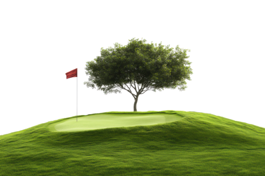 Green golf course with a single tree and flag isolated on transparent background. Golf course with a flag and a tree isolated on white background.