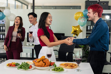Successful business team, excited businessman feel happy work complete with champagne and pizza, celebration excellent financial results.