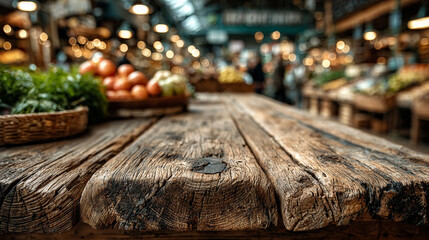 Wooden table mockup with supermarket blurred background.