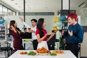 Successful business team, excited businessman feel happy work complete with champagne and pizza, celebration excellent financial results.