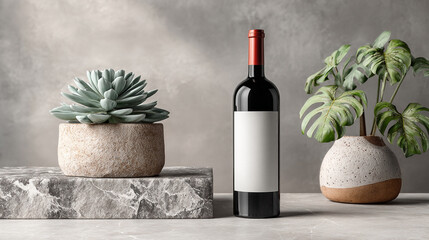 Elegant wine bottle mockup with white label and decor.