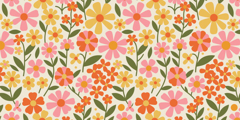 Retro floral pattern with colorful daisies and small flowers on a cream background vintage daisy