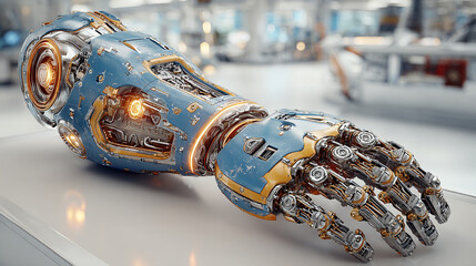 Futuristic robotic arm with glowing mechanical circuits.