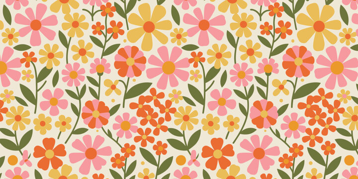Retro floral pattern with colorful daisies and small flowers on a cream background vintage daisy