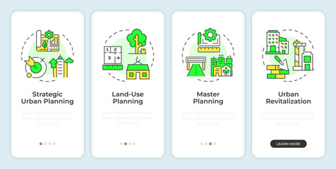 Types of urban planning onboarding mobile app screen. City development. Walkthrough 4 steps editable graphic instructions with linear concepts. UI, UX, GUI. Montserrat SemiBold, Regular fonts used © IMG visuals icons