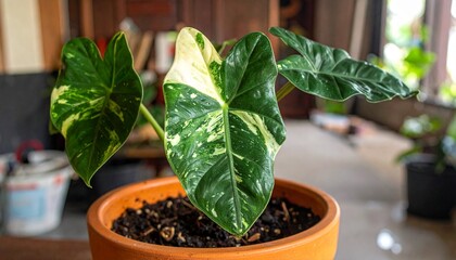 Alocasia variegated in the tree pot