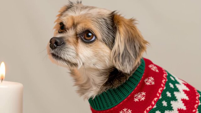 Christmas pet outfit. Small Dog in Festive Sweater Beside Lit Candles and Holiday Decorations Creating Cozy Atmosphere