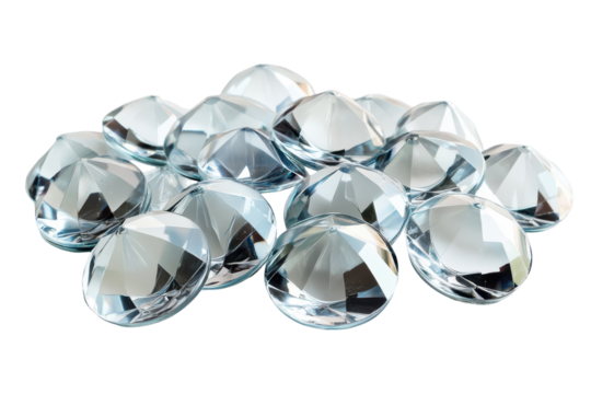 Pile of clear faceted gemstones isolated on transparent background.