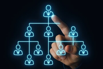 Hand Pressing on Digital Organizational Chart with Blue Figures and Dark Background for Business Concept