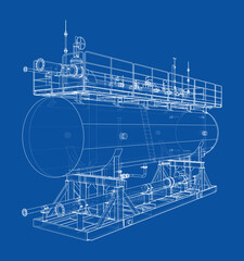 Industrial Tank Blueprint on Blue. Vector