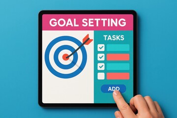Fototapeta premium Goal Setting Illustration with Target, Tasks, and Button for Action in Vibrant Colorful Design
