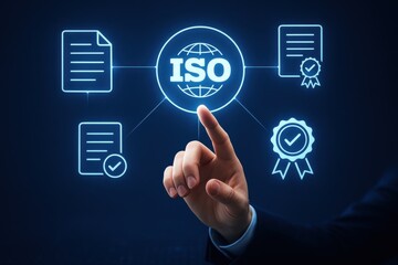 Professional Hand Pointing at ISO Icon with Documents and Certification Symbols in Digital Environment