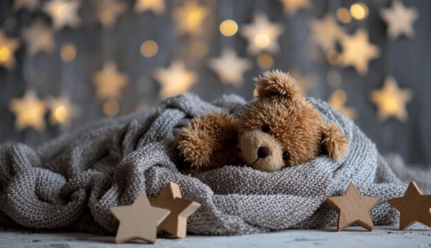 Brown teddy bear resting on a soft blanket, surrounded by wooden stars under a dreamy, star studded backdrop

