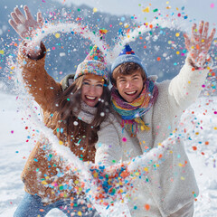 Couple wearing party hats throwing colorful confetti over heart shape they created in snow, confetti falling creating rainbow effect, New Year celebration, joyful expressions, winter landscape