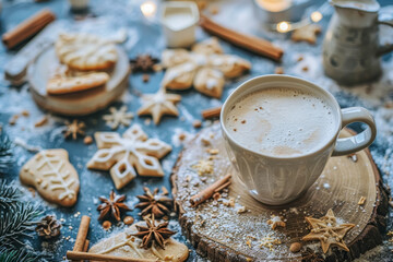 A cup of hot latte on a blue background with lots of Christmas pastries