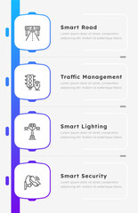Naklejka premium Smart traffic management infographic blue gradient squares. Urban transportation system. Safe driving. Editable thin line icons diagram process with 4 steps. Montserrat-SemiBold, Regular fonts used