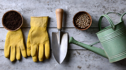 Gardening Tools and Planting Setup, Gardening Essentials: Gloves, Trowel, and Watering Can, Preparing for Gardening with Tools