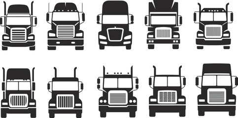 Truck front view silhouette vector illustration, heavy vehicle icon set, transportation logistics symbol, industrial freight truck design, black transport collection vector art