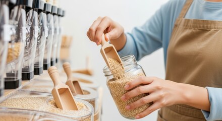 Woman in apron using wooden scoop to fill glass jar with grains from bulk bins, promoting sustainable consumption and eco-friendly shopping practices