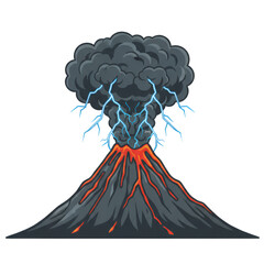 Illustration of a volcano erupting with lightning effects in its plumes of smoke. Isolated on a white background. © Priyono ono