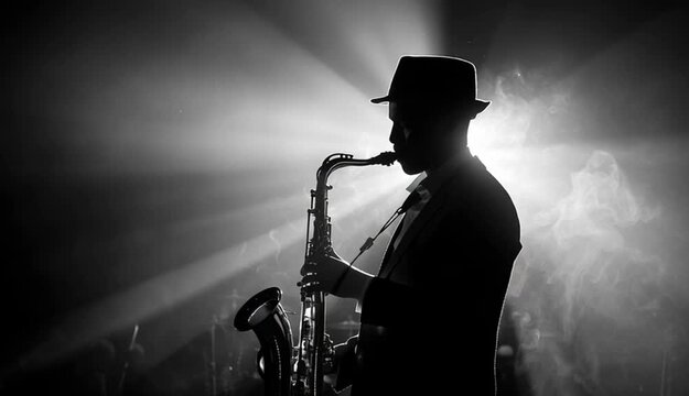 Black and white silhouette of male saxophone player performing on stage, dramatic backlighting from behind