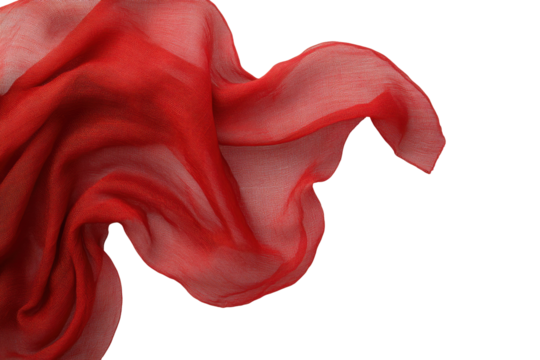 Vibrant red silk fabric isolated on transparent background. Red scarf isolated on white background.
