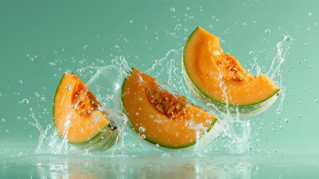 Slices of ripe cantaloupe melon splashing into water, captured in dynamic sequence, showcasing vibrant colors and refreshing textures, with a gradual zoom in on the action and motion of the scene