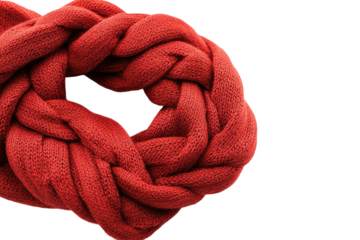 Close up of thick red rope coiled and knotted isolated on transparent background. Red scarf with a braided pattern on white background.