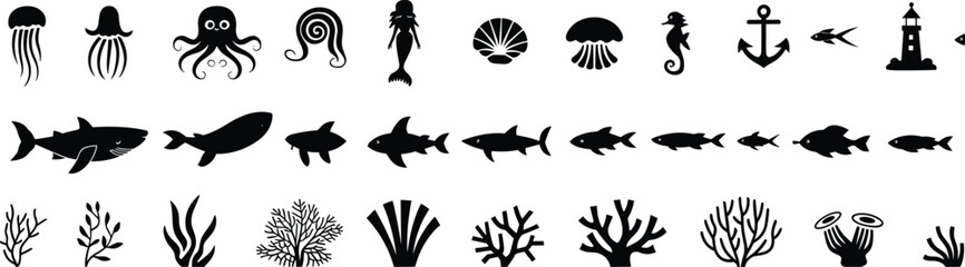 Underwater marine life vector illustration, ocean animal silhouettes including fish, jellyfish, octopus, mermaid, coral, seahorse, anchor, and lighthouse, aquatic ecosystem design