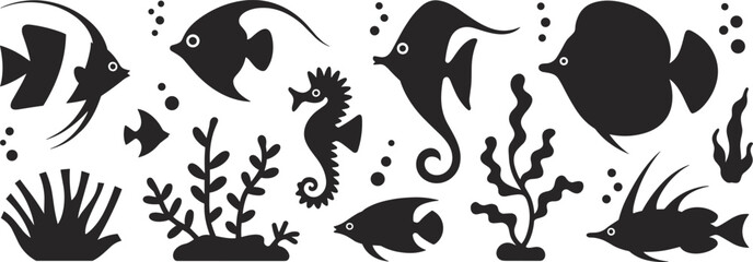 Underwater marine life vector illustration, tropical fish and seahorse silhouette design, coral reef and seaweed elements, aquatic animal decoration for ocean theme