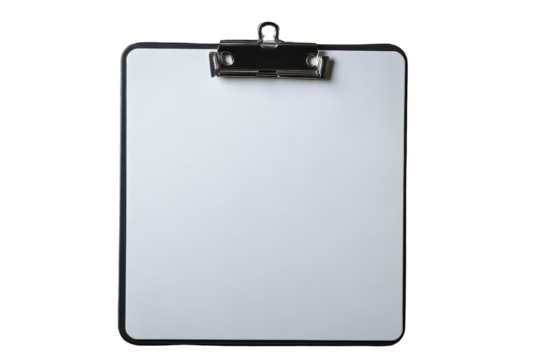 Blank clipboard with clip isolated on transparent background. White board with a black clip isolated on white background.
