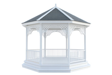 White wooden gazebo with ornate details isolated on transparent background. White gazebo with a roof isolated on white background.