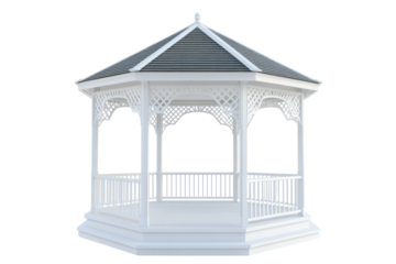 White wooden gazebo with ornate details isolated on transparent background. White gazebo with a roof isolated on white background.