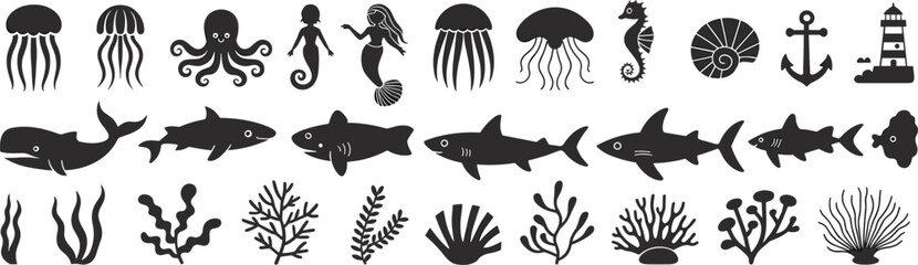 Underwater sea life vector illustration, marine animal silhouettes, ocean creatures design, coral reef elements, black and white aquatic icons, nautical themed artwork
