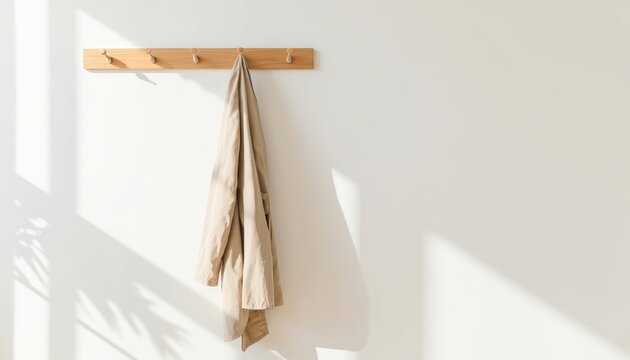 Beige raincoat hanging on wooden hook against white wall  