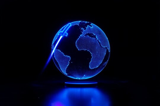 A futuristic, glowing blue digital globe with a sleek airplane orbiting it, set against a dark background illuminated by neon light streakssymbolizing global connectivity and advanced technology. - Powered by Adobe