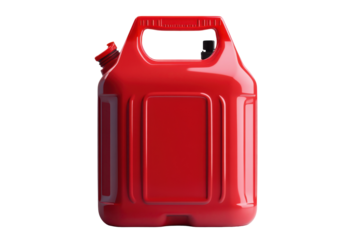 Red plastic jerry can for fuel or liquids isolated on transparent background. Blank disposable plastic jerry can isolated on white background.